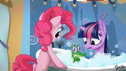 Size: 2560x1440 | Tagged: safe, artist:mysticalpha, derpibooru import, gummy, pinkie pie, twilight sparkle, alligator, earth pony, pony, unicorn, feeling pinkie keen, bath, bathroom, bathtub, bubble bath, claw foot bathtub, cute, diapinkes, dock, plot, scene interpretation, shower curtain, unicorn twilight, wallpaper, water, wet mane