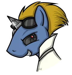 Size: 479x495 | Tagged: dead source, safe, artist:billieartcrap, derpibooru import, oc, unnamed oc, unofficial characters only, cyborg, pony, unicorn, bust, fangs, goggles, portrait, profile, prosthetic eye, prosthetic horn, prosthetics