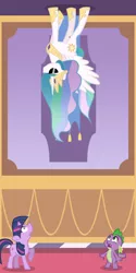 Size: 500x1000 | Tagged: artist:kymsnowman, deal with it, derpibooru import, princess celestia, safe, spike, standing on the ceiling, sunglasses, swag, twilight sparkle, upside down