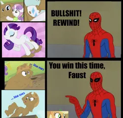 Size: 500x478 | Tagged: 60s spider-man, applejack, applejack's hat, covered in mud, cowboy hat, derpibooru import, edit, edited screencap, hat, meme, mud, rarity, safe, screencap, sisterhooves social, spider-man, sweetie belle, vulgar