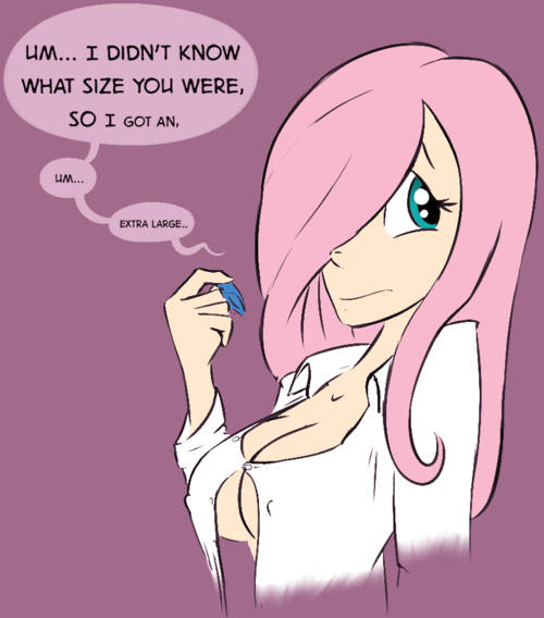 Size: 500x568 | Tagged: artist:okiedokielowkey, braless, breasts, busty fluttershy, cleavage, condom, derpibooru import, dialogue, erect nipples, female, fluttershy, frown, hair over one eye, humanized, looking away, nipple outline, pink background, shy, sideways glance, simple background, solo, solo female, speech bubble, suggestive, talking to viewer, text