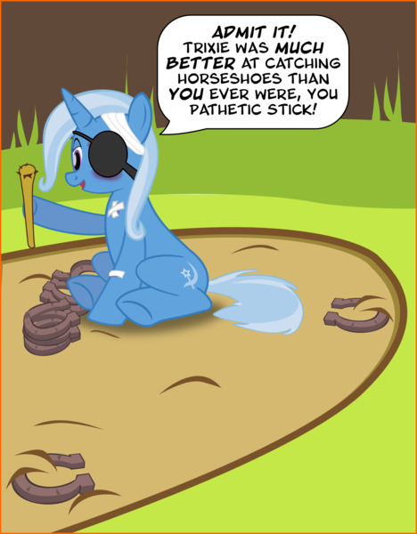 Size: 1210x1551 | Tagged: safe, artist:bryce-schroeder, derpibooru import, trixie, pony, unicorn, abuse, black sclera, comic, eyepatch, female, horseshoes, mare, sitting, solo, trixiebuse