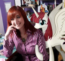 Size: 430x410 | Tagged: safe, artist:statoose, derpibooru import, oc, oc:fausticorn, alicorn, human, pony, human ponidox, image, irl, irl human, lauren faust, looking at you, photo, png, ponies in real life, smiling, spread wings, vector, wings