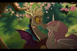 Size: 1418x950 | Tagged: safe, artist:anima-dos, derpibooru import, discord, princess celestia, cherry blossoms, dislestia, eyes closed, female, flower, flower blossom, interspecies, kissing, male, no more ponies at source, pink-mane celestia, shipping, shocked, straight, surprise kiss, surprised, wide eyes, young, younger