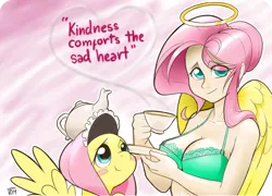 Size: 2400x1732 | Tagged: suggestive, artist:mrw32, derpibooru import, fluttershy, human, pony, adorasexy, balancing, blush sticker, blushing, bra, breasts, busty fluttershy, cleavage, clothes, colored pupils, cute, eye clipping through hair, female, frilly underwear, halo, heart, human ponidox, humanized, lidded eyes, lingerie, looking at you, maid, pink background, self ponidox, sexy, shyabetes, simple background, smiling, spread wings, steam, tea, teacup, teapot, transparent background, underwear, winged humanization