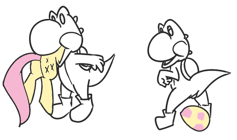 Size: 1100x650 | Tagged: questionable, artist:ponchuzn, derpibooru import, fluttershy, pony, yoshi, anus, butt, egg, fetish, flutterprey, grayscale, nudity, oviposition, partial color, plot, simplistic anus, super mario bros., vore, vored into an egg, yoshi egg