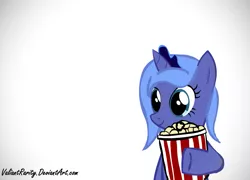 Size: 1159x835 | Tagged: dead source, safe, artist:valiantrarity, derpibooru import, princess luna, pony, crown, everyday life, filly, food, jewelry, nichijou, popcorn, regalia, simple background, smiling, solo, white background, woona