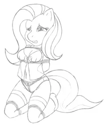 Size: 1916x2265 | Tagged: anthro, artist:ryuseihikari, bondage, bow, breast bondage, breasts, clothes, derpibooru import, female, fluttershy, high heels, lingerie, monochrome, ribbon, roleplaying, rope, shoes, solo, solo female, suggestive