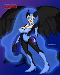 Size: 1271x1597 | Tagged: artist:requiems-dirge, breasts, busty nightmare moon, derpibooru import, eared humanization, female, horned humanization, humanized, nightmare moon, solo, solo female, suggestive, tailed humanization, winged humanization