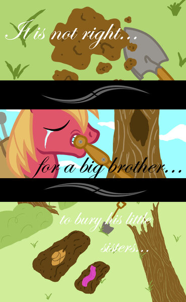 Size: 701x1139 | Tagged: safe, artist:aguantegrimtales, derpibooru import, apple bloom, applejack, big macintosh, earth pony, pony, bacon, death, feels, grave, male, memorial, sad, stallion