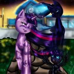 Size: 3508x3508 | Tagged: safe, artist:noideasfornicknames, derpibooru import, nightmare moon, twilight sparkle, oc, oc:nyx, alicorn, unicorn, fanfic:past sins, alicorn oc, cursed image, fanfic art, high res, nightmare nyx, open mouth, parent:twilight sparkle, ponyville elementary, smiling, spread wings, stylistic suck, two sides, unicorn twilight
