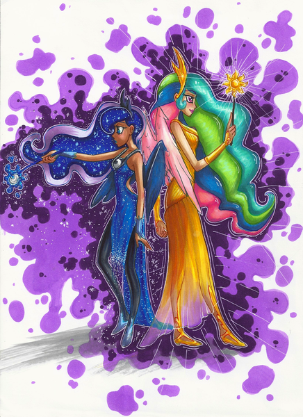 Size: 1640x2256 | Tagged: artist:madelonetjj, derpibooru import, humanized, princess celestia, princess luna, safe, traditional art, winged humanization