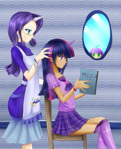 Size: 2115x2588 | Tagged: artist:dreamerruby, clothes, derpibooru import, high res, horned humanization, humanized, peeking, rarity, safe, skirt, spike, twilight sparkle