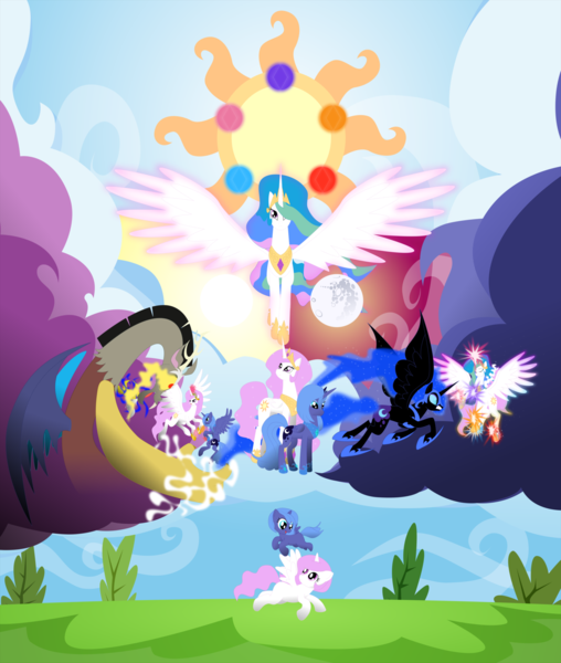 Size: 1280x1511 | Tagged: safe, artist:mdsk-rb, derpibooru import, discord, nightmare moon, princess celestia, princess luna, pony, elements of harmony, filly, moon, sun, woona