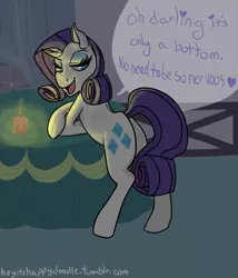 Size: 600x700 | Tagged: suggestive, artist:heyitshappydoodle, derpibooru import, rarity, pony, unicorn, butt, candle, female, looking at you, offscreen character, plot, solo, solo female