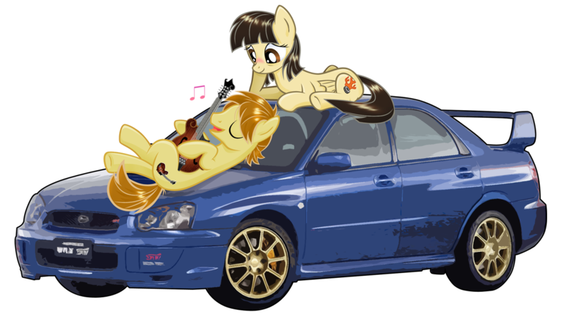 Size: 1168x654 | Tagged: artist:catwhitney, car, derpibooru import, female, male, mandofire, mandolin, musical instrument, oc, oc:mandopony, safe, shipping, straight, subaru, subaru impreza, wild fire