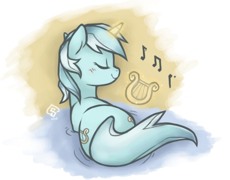 Size: 797x627 | Tagged: artist:soulspade, both cutie marks, derpibooru import, lyra heartstrings, lyre, magic, music, music notes, safe, solo, telekinesis, water