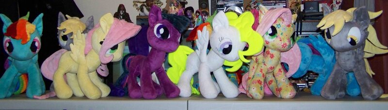 Size: 1280x364 | Tagged: safe, artist:dludnerad, derpibooru import, derpy hooves, fluttershy, rainbow dash, surprise, twilight sparkle, pegasus, pony, female, g1, g1 to g4, generation leap, irl, mare, photo, plushie