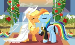 Size: 2500x1500 | Tagged: safe, derpibooru import, applejack, rainbow dash, earth pony, pegasus, pony, appledash, clothes, dress, eyes closed, female, flower, freckles, holding hooves, jewelry, kissing, lesbian, mare, marriage, shipping, show accurate, suit, wedding, wedding dress
