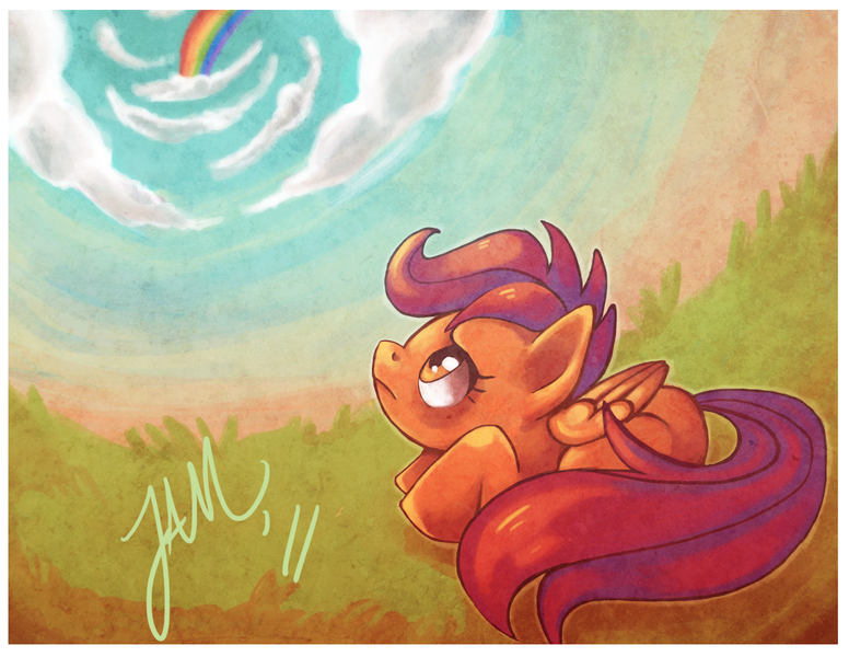 Size: 3300x2550 | Tagged: abandoned, artist:jabbym, cloud, cloudy, derpibooru import, high res, rainbow, sad, safe, scootalone, scootaloo, scootaloo can't fly, solo, wing envy