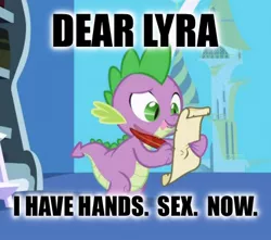 Size: 436x386 | Tagged: suggestive, derpibooru import, edit, edited screencap, screencap, spike, dragon, friendship is magic, caption, female, image macro, implied sex, letter, male, meme, quill, shipping, spike's love letters, spyra, straight, tongue out, you. me. x. now.