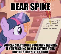 Size: 815x720 | Tagged: suggestive, derpibooru import, edit, edited screencap, screencap, twilight sparkle, pony, caption, female, letter, levitation, magic, mare, meme, quill, spike's love letters, telekinesis, wet dream