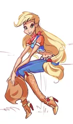 Size: 1931x3292 | Tagged: applejack, artist:holivi, bandana, belly button, derpibooru import, high heel boots, humanized, midriff, safe, sitting, solo, style emulation, winx club