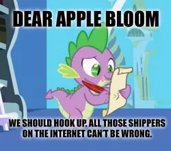 Size: 436x386 | Tagged: safe, derpibooru import, edit, edited screencap, screencap, spike, dragon, friendship is magic, caption, female, image macro, letter, male, meme, quill, shipping, spike's love letters, spikebloom, straight, tongue out