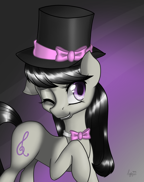 Size: 1443x1823 | Tagged: artist:andreasbs, derpibooru import, hat, octavia melody, safe, top hat, wink