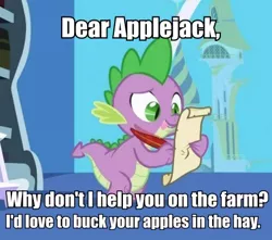 Size: 436x386 | Tagged: suggestive, derpibooru import, edit, edited screencap, screencap, applejack, spike, dragon, friendship is magic, caption, image macro, letter, male, quill, spike's love letters, tongue out