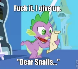 Size: 436x386 | Tagged: safe, derpibooru import, edit, edited screencap, screencap, snails, spike, dragon, friendship is magic, caption, letter, male, meme, quill, spike's love letters, tongue out, vulgar