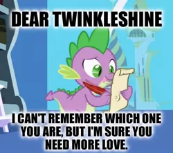 Size: 436x386 | Tagged: safe, derpibooru import, edit, edited screencap, screencap, spike, dragon, friendship is magic, caption, hilarious in hindsight, image macro, impact font, implied twinkleshine, letter, male, meme, quill, spike's love letters, tongue out