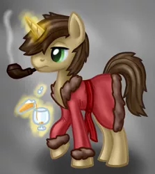 Size: 715x800 | Tagged: safe, artist:arrkhal, derpibooru import, oc, oc:mullokad, unofficial characters only, pony, unicorn, bathrobe, clothes, colored pupils, levitation, magic, male, pipe, robe, stallion, telekinesis