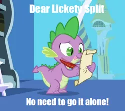 Size: 436x386 | Tagged: safe, derpibooru import, edit, edited screencap, screencap, lickety split, spike, dragon, friendship is magic, caption, desperation, g1, g1 reference, g4, i'll go it alone, image macro, letter, male, quill, spike's love letters, tongue out