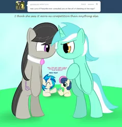 Size: 900x942 | Tagged: safe, artist:erthilo, derpibooru import, bon bon, lyra heartstrings, octavia melody, sweetie drops, vinyl scratch, earth pony, pony, unicorn, ask octavia, ask, bipedal, eye contact, female, looking at each other, mare, prone, standing, tumblr