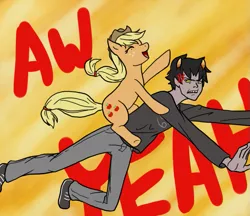 Size: 693x600 | Tagged: safe, artist:kamdensl, derpibooru import, applejack, earth pony, pony, angry, cross-popping veins, crossover, duo, eyes closed, female, glare, homestuck, karkat vantas, male, mare, open mouth, ponies riding humans, ponies riding trolls, riding, simple background, smiling, troll, troll (homestuck), yellow background