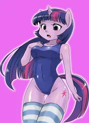 Size: 700x971 | Tagged: ambiguous facial structure, anthro, artist:shepherd0821, breasts, clothes, derpibooru import, female, one-piece swimsuit, socks, stockings, striped socks, suggestive, sukumizu, swimsuit, thigh gap, twilight sparkle