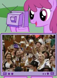 Size: 604x827 | Tagged: safe, derpibooru import, berry punch, berryshine, human, pony, beer, clothes, dirndl, dress, exploitable meme, irl, irl human, meme, oktoberfest, photo, tv meme