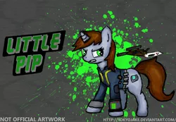 Size: 2600x1800 | Tagged: safe, artist:tokyojake, derpibooru import, oc, oc:littlepip, unofficial characters only, pony, unicorn, fallout equestria, fanfic, fighting is magic, abstract background, clothes, cutie mark, fanfic art, female, glowing horn, gun, handgun, hooves, horn, levitation, little macintosh, magic, mare, optical sight, pipbuck, revolver, solo, teeth, telekinesis, text, vault suit, weapon