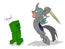 Size: 1280x960 | Tagged: artist:kyroking, changeling, creeper, crossover, cute, derpibooru import, lolwut, minecraft, safe, wooden sword