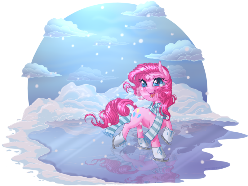 Size: 1318x988 | Tagged: artist:kittehkatbar, blushing, clothes, cloud, cute, derpibooru import, diapinkes, ice, ice skates, ice skating, pinkie pie, safe, scarf, simple background, snow, solo, transparent background, winter