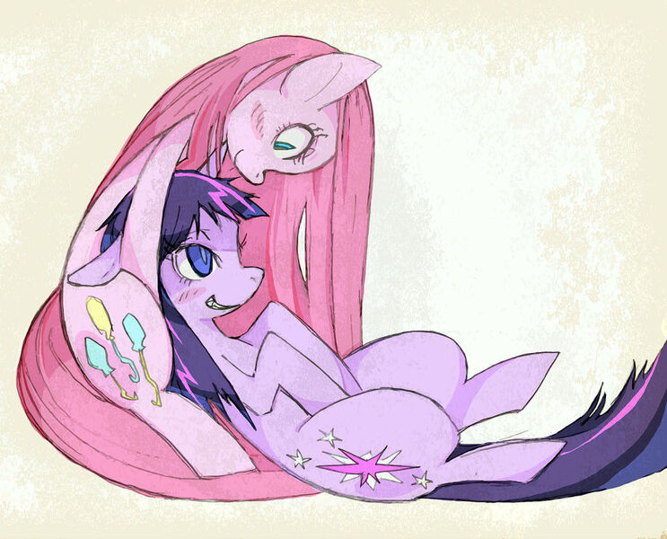 Size: 919x742 | Tagged: safe, artist:moyamoya kuroi, derpibooru import, pinkie pie, twilight sparkle, blush sticker, blushing, female, grin, lesbian, pinkamena diane pie, pixiv, shipping, snapplemena, twilight snapple, twinkie