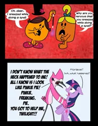 Size: 787x1015 | Tagged: safe, artist:cartuneslover16, derpibooru import, twilight sparkle, pony, bipedal, crossover, eye contact, floppy ears, frown, little miss curious, little miss magic, magic, mordecai, mr. men, open mouth, regular show, wide eyes