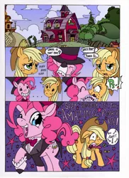Size: 1000x1377 | Tagged: safe, alternate version, artist:mohawkrex, artist:whysoseriouss, derpibooru import, applejack, pinkie pie, earth pony, pony, comic:a piece of pie, applejack the anti-shipper, applepie, clothes, comic, female, hat, kissing, lesbian, mare, shipping, shipping denied, surprise kiss, sweet apple acres, the amazing pinkie pie, top hat, tuxedo
