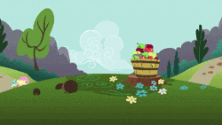 Size: 320x180 | Tagged: animated, apple, basket, bucket, derpibooru import, flower, fluttershy, food, hiding, safe, scared, screencap, solo, speed up, swarm of the century, walking