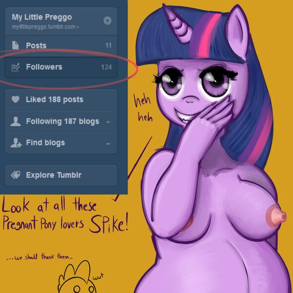 Size: 1280x1280 | Tagged: anthro, artist:metalforever, breasts, busty twilight sparkle, derpibooru import, evil grin, female, mama twilight, nipples, nudity, pregnant, questionable, spike, tumblr, twilight sparkle