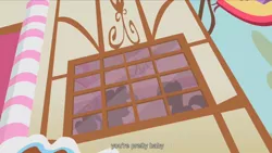 Size: 1344x756 | Tagged: safe, derpibooru import, screencap, pinkie pie, twilight sparkle, bridle gossip, out of context, shipping, twinkie, window, youtube caption