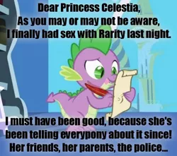 Size: 436x386 | Tagged: suggestive, derpibooru import, edit, edited screencap, screencap, rarity, spike, dragon, friendship is magic, caption, implied rape, letter, male, meme, quill, solo, spike's love letters, tongue out