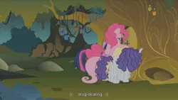 Size: 1344x756 | Tagged: bridle gossip, derpibooru import, drugs, flutterguy, fluttershy, hairity, pinkie pie, rarity, safe, screencap, spitty pie, twilight flopple, twilight sparkle, youtube caption