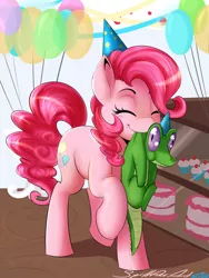 Size: 1600x2133 | Tagged: artist:spittfireart, balloon, cake, carrying, cupcake, cute, derpibooru import, diapinkes, eyes closed, food, gummy, hat, mouth hold, one hoof raised, party, party hat, pinkie pie, safe, scruff, streamers